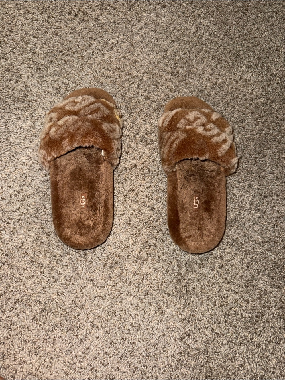 UGG Chestnut Plush Slide Slippers with Patterned Fur